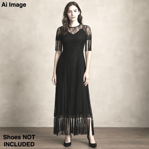 Gracia Dresses & Skirts - GRACIA Black Lace Tassel Maxi Dress Women Lg Formal Gala Dark Romantic 1920 Vibe